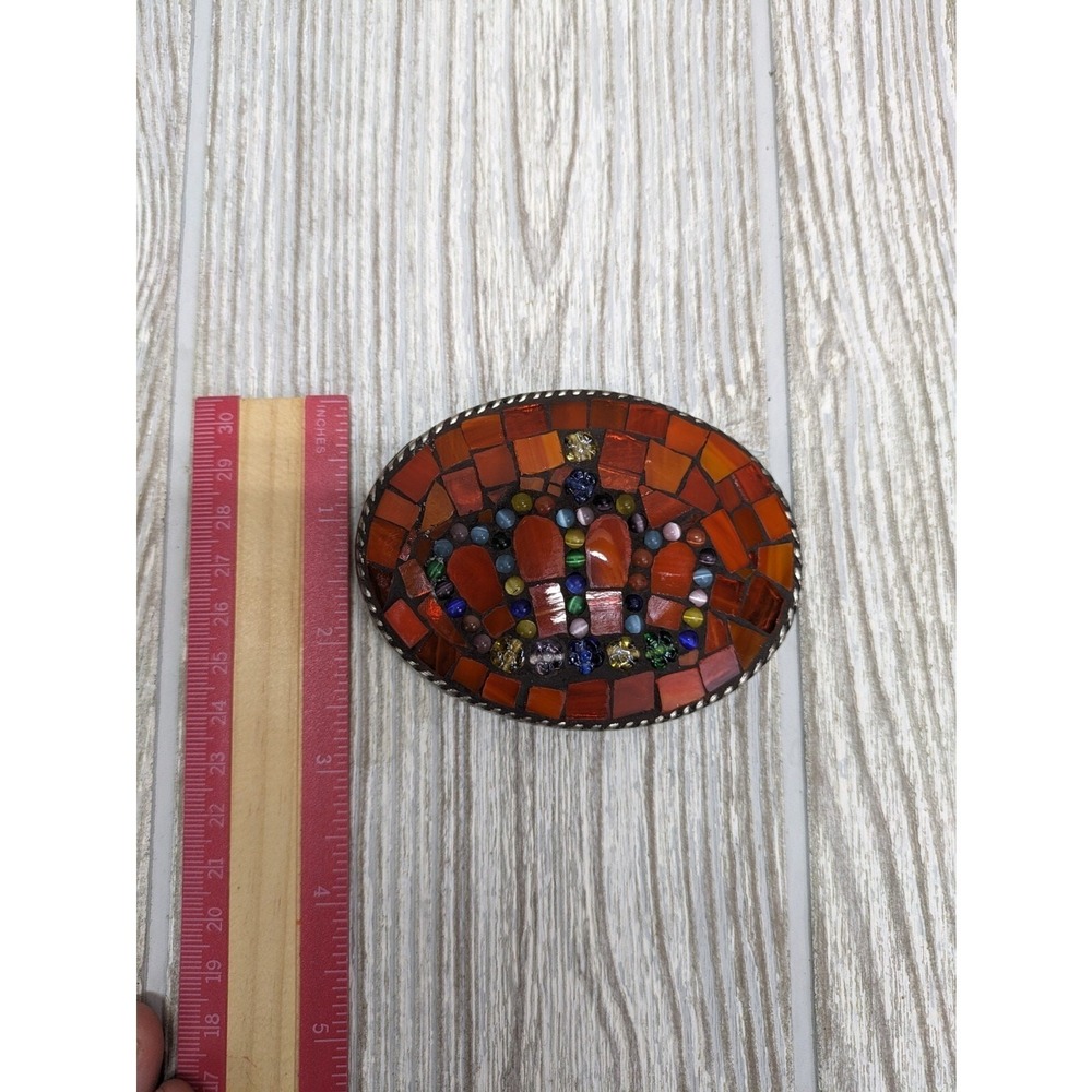 Vintage Mosaic Belt Buckle‎ Orange Glass Crown Western Southwestern Boho 70s 80s - Picture 7 of 7